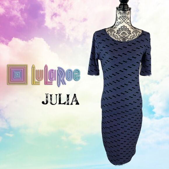 NWT LULAROE Julia  BLUE/black fitted dress - Picture 1 of 11